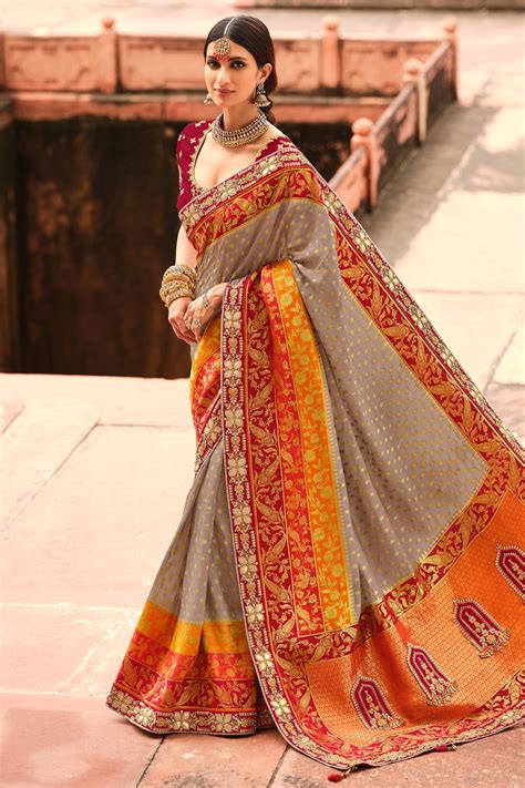 Buy Grey Banarasi Silk Embellished Saree Online Like A Diva