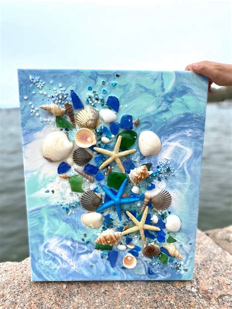 Free Shipping Large 16x20 Resin Canvas Art With Shells And Beach Glass Seashell Art Seashell