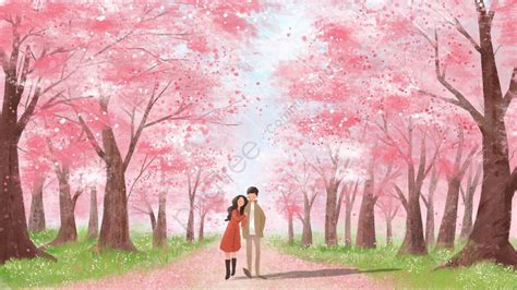 Couple Cure Pink Cherry Blossoms Romantic Landscape Healing