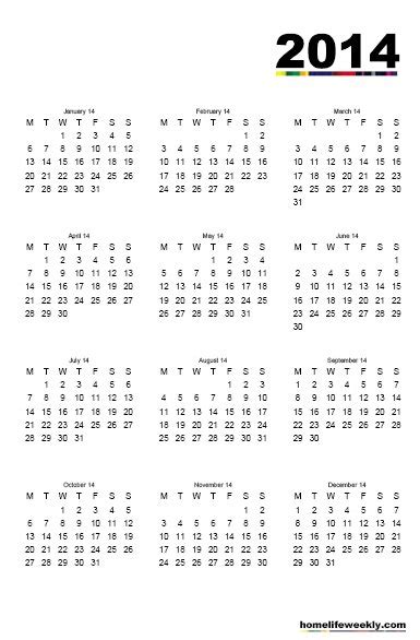 Printable Calendar 2014 Home Life Weekly