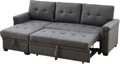Lucca Dark Gray Linen Reversible Sleeper Sectional Sofa With Storage