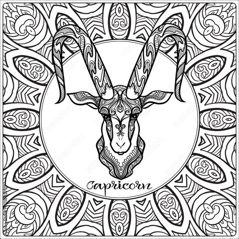 Capricorn Goat Decorative Zodiac Sign On Pattern Background Outline