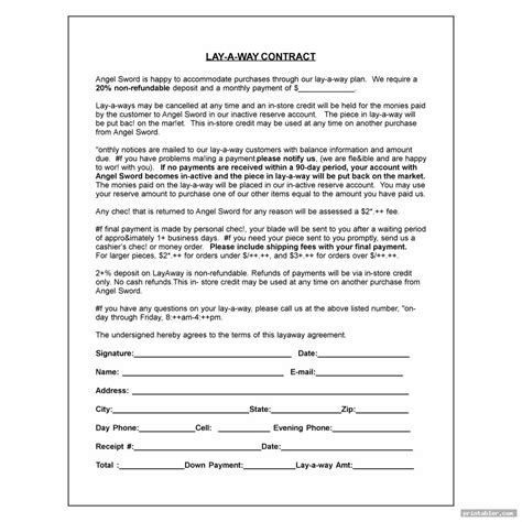 Layaway Contract Template Printable