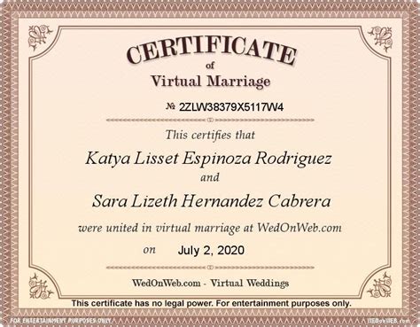 Certificado de matrimonio para imprimir gratis y la pareja que se une en santo matrimonio. Certificado de matrimonio virtual de Katya Lisset y Sara ...