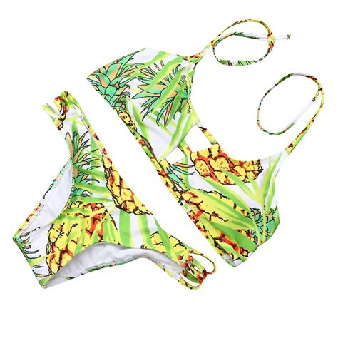 Snowshine3 Ylw Women Print Bikini Set Swimwear Push Up Padded Bra