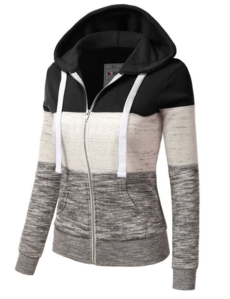 Doublju Womens 3 Color Block Pocket Zip Up Hoodie Jacket For Women