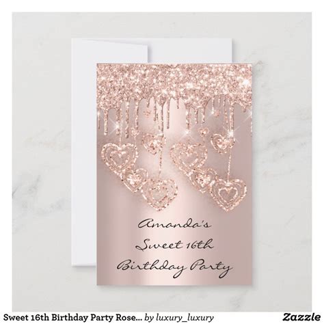 Sweet 16th Birthday Party Rose Glitter Drips Heart Invitation Sweet 16