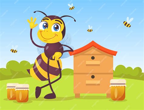 Free Vector Cute Bee Character Leaning On Wooden Beehive In