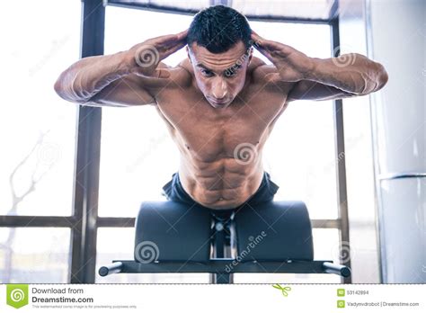 Muscular Man Flexing Back Muscles On Bench Stock Photo Image Of