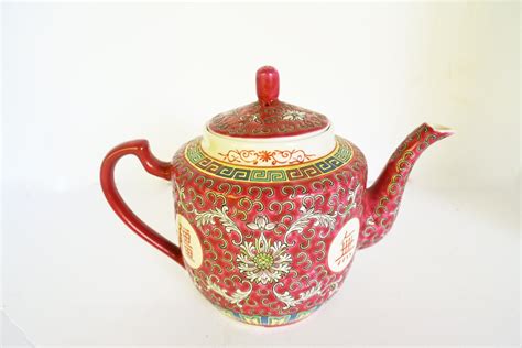 Vintage Chinese Tea Pot Asian Mun Shou Rose Longevity Pattern