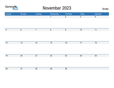 Aruba November 2023 Calendar With Holidays