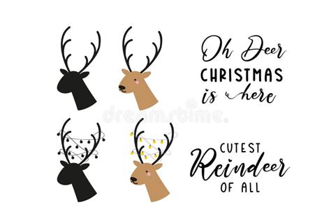Deer Head Silhouette Set Christmas Reindeer With Lights And Two Quotes