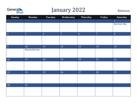 Bahamas January 2022 Calendar With Holidays