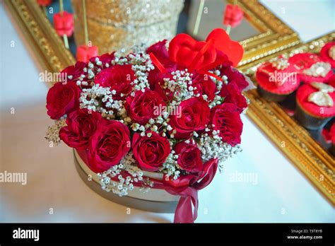 Heart Shaped Bouquet Of Beautiful Rose Flowers In The T Box