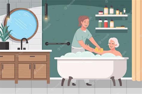 Free Vector Elderly Care Cartoon Poster With Nurse Helping Old Woman In Bath Vector Illusration