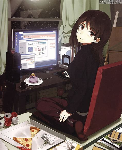 Hd Wallpaper Brown Haired Female Anime Character Facing Computer