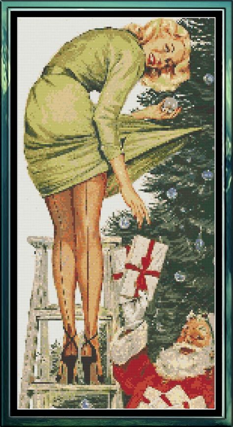 christmas pinup girl vintage risque christmas tree santa woman retro modern cross stitch pdf