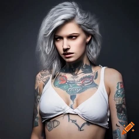 Realistic Girl With Gray Hair And White Crop Top With Tattoos On Craiyon