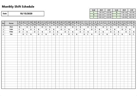 Monthly Employee Shift Schedule Template Excel