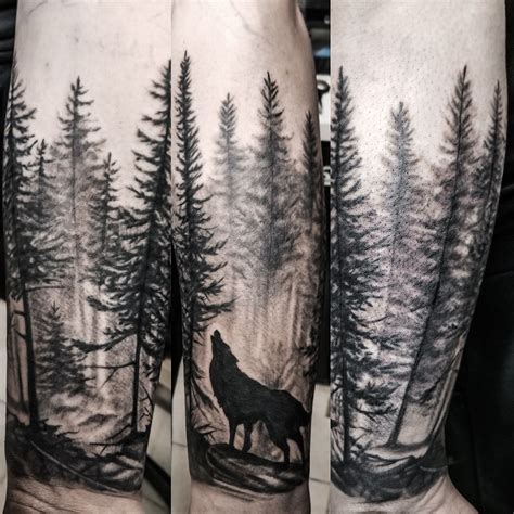 Wolf And Forest Tattoo Scenery Tattoo Forest Tattoo Sleeve Forest