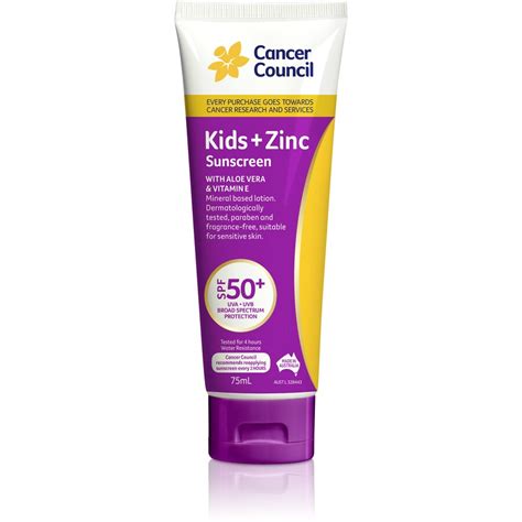 Sunscreen use is one of five important ways of reducing the risk of skin cancer. Cancer Council Kids Zinc Sunscreen SPF50+ 75mL | BIG W