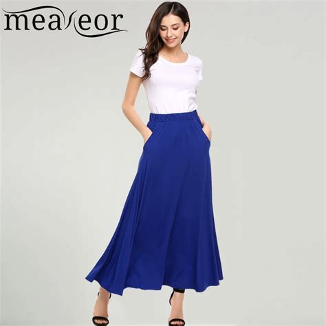 Buy Meaneor Women Elastic Waist Long Skirts Elegant Flared Swing With Pockets