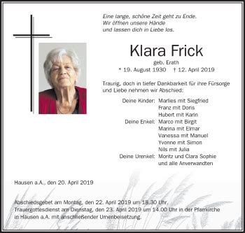 Traueranzeigen Von Klara Frick Schwaebische De Trauerportal