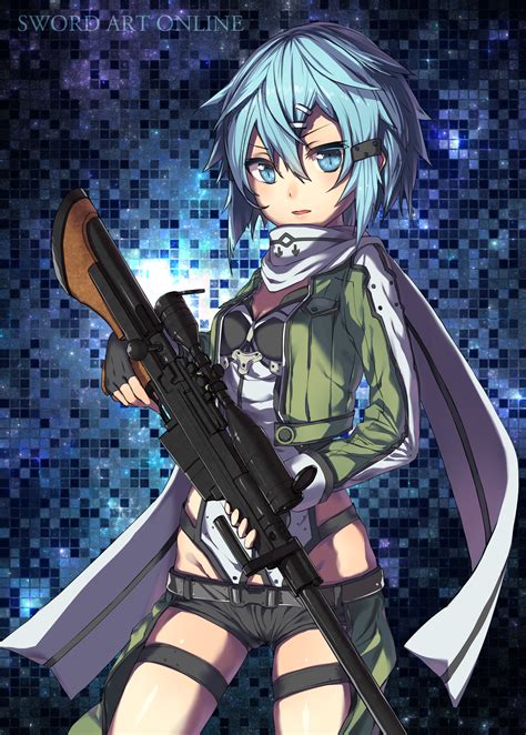 Wallpaper Anime Girls Sword Art Online Asada Shino Short Hair Blue Hair Blue Eyes Sniper