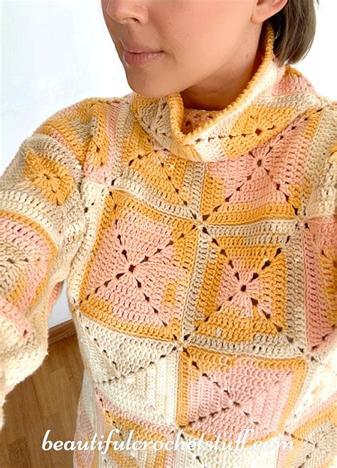 Crohet Turtleneck Granny Square Sweater PDF Pattern Crochet Etsy