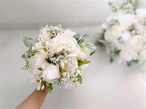 White Rose And Peony Wedding Bouquet W Babys Breath White Etsy