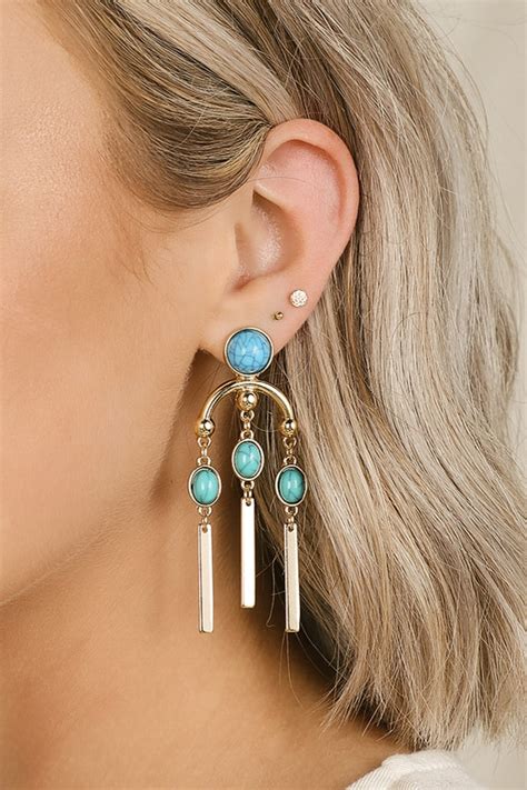 Chic Chandelier Earrings Gold And Turquoise Earrings Earrings Lulus