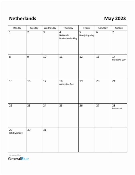 Free Printable May 2023 Calendar For Netherlands