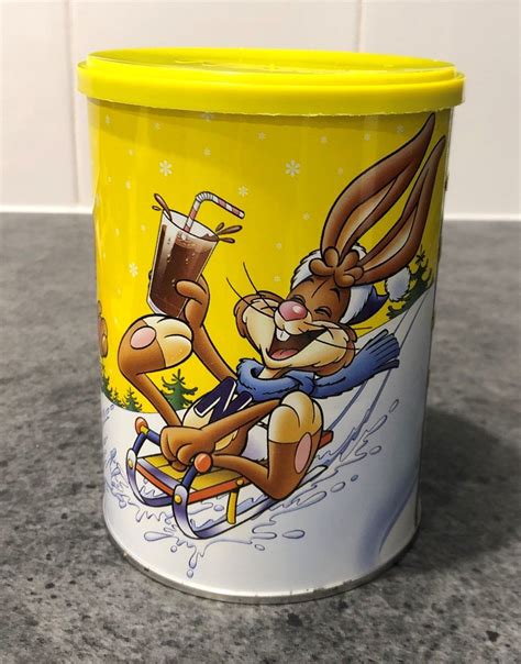 Vintage 1990s Nestle Nesquik Tin Canister Container Skiing Bunny