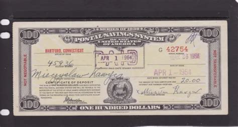 100 Series Of 1939 Postal Savings System Certificate Paid Hartford Ct