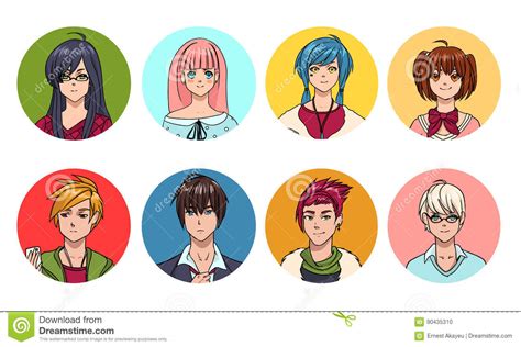 Set Of Cute Anime Characters Avatar Cartoon Girls And