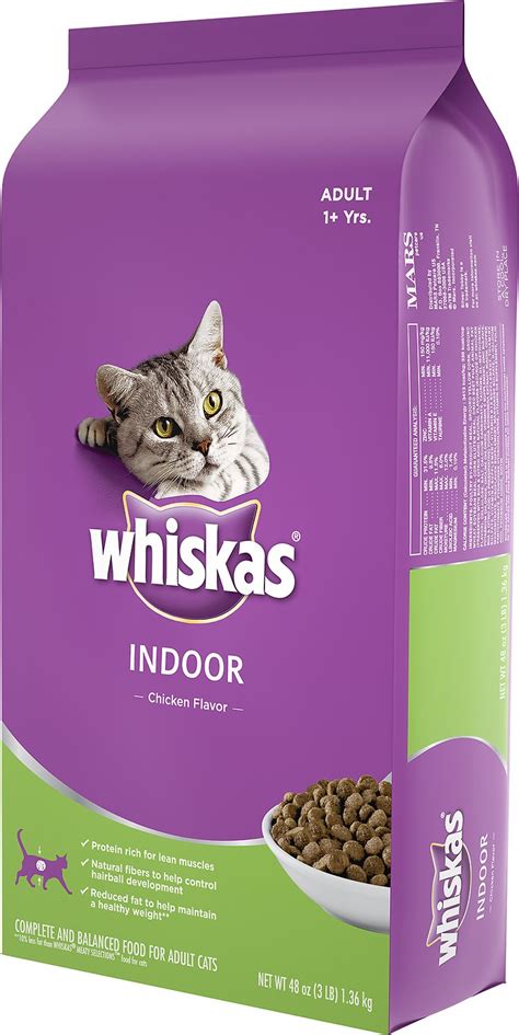 The canned cat food includes the best combos of cats' favorite flavors, including beef, turkey, and chicken. Whiskas Indoor Cat Chicken Flavor Dry Cat Food, 3-lb bag ...