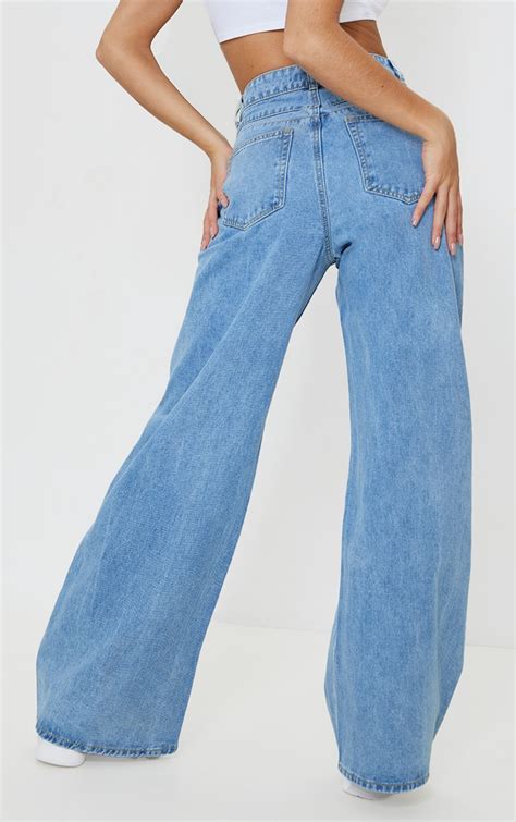 Blue Wash Light Weight Wide Leg Jeans Prettylittlething Ca