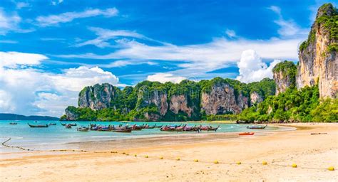Beautiful View Of Long Tail Boats On Water In Railay Beach