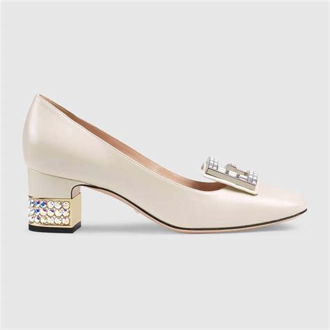 Gucci Women Shoe Leather Mid Heel Pump With Crystal G 50mm