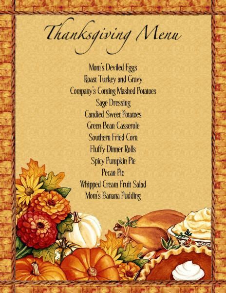 Menu Templates Free Download Thanksgiving Thanksgiving Dinner Menu