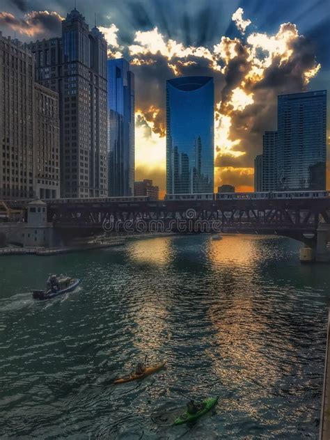Chicago River Reflections Of Sunset And Buildings As Sun Sets Stock