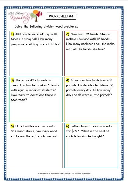 Printable third grade word problem worksheets including addition, subtraction, multiplication, division and fraction word problems. division math problems | Adcontessa