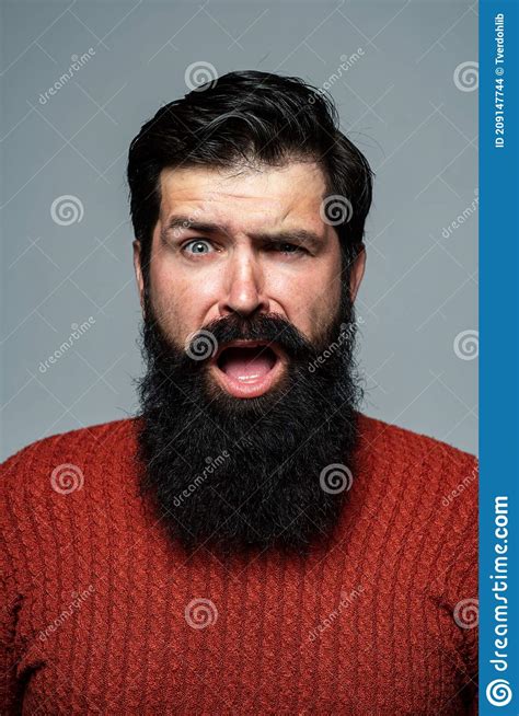 Confused Bearded Man Portrait People Emotions Excited Face Stock