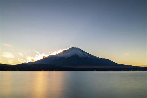 Sunset View Of Mount Fuji From Lake Yamanaka Yamanashi Prefecture