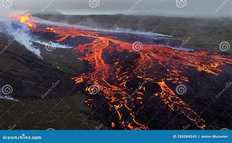 Aerial Panoramic Footage Of Litli Hrutur Volcano Eruption Iceland
