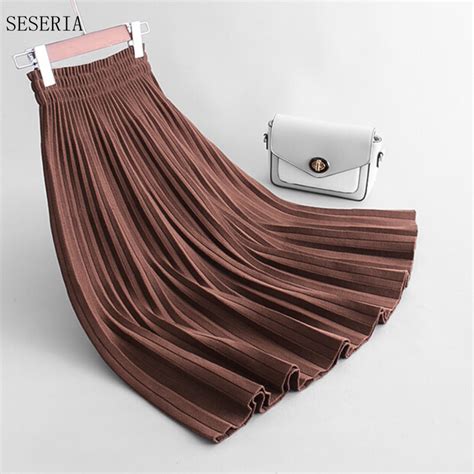 Seseria Casual Pleated Skirts Womens Spring New Fashion Long Skirt