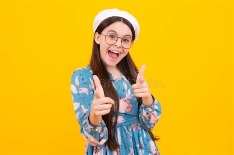 Excited Teenager Amazed And Cheerful Emotions Teen Girl Pointing