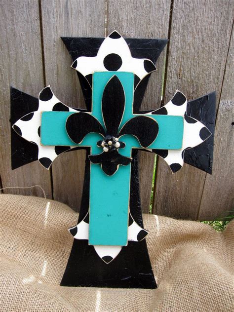 Teal And Polka Dot Hand Painted Wooden Cross Etsy Cross Crafts