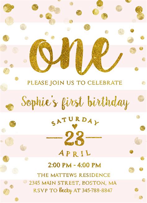 First Birthday Invitation Girl Pink And Gold Merryelle Design