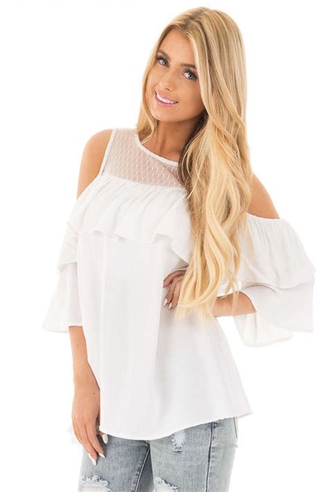 Off White Cold Shoulder Top With Ivory Sheer Yoke Tops White Cold